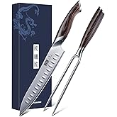 HOSHANHO 8 Inch Carving Knife & 7 Inch Fork Set, Professional Japanese High Carbon Steel Razor Sharp Butcher Brisket Slicing Knife Set for Meat Cutting, BBQ