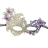 Aimeein Lace Masquerade Mask for Women Rhinestones Elegant Venetian Carnival Mask for Mardi Gras Ball, Halloween Cosplay Party, Gold and Purple