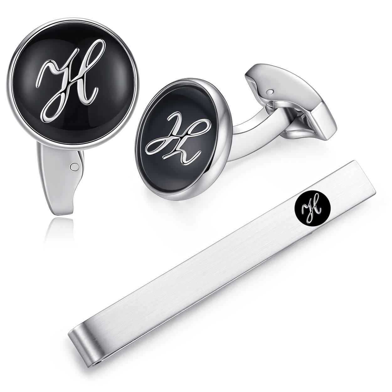 HONEY BEAR Initial Alphabet Letter Cufflinks Tie Clip Set for Mens - Black Round Stainless Steel, for Business Wedding Gift A - Z (H)