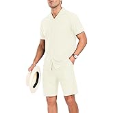 PrinStory Mens Short Sleeve Outfits 2 Piece Summer Beach Button Down Shirts and Shorts Set Tracksuit with Pockets