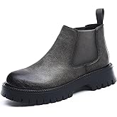 NEKGNL Men's Genuine Leather Chunky Platform Chelsea Dress Boots Luxury Round Toe lug sole Slip-On Outdoor Non Slip Shock Work Ankle Boots