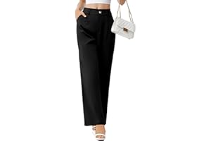 Cnlinkco Womens Business Pants High Waisted Wide Leg Pants Straight Long Work Trousers with Pockets