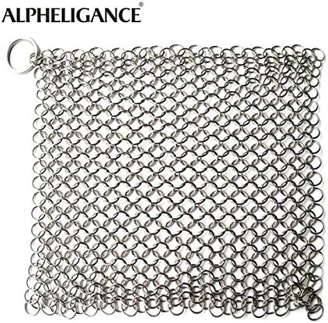 ALPHELIGANCE Cast Iron Cleaner- Stainless Steel Chainmail Scrubber for Pre Seasoned Skillet Pan,New Kitchen Tool for Washing Cookware (7" × 7")