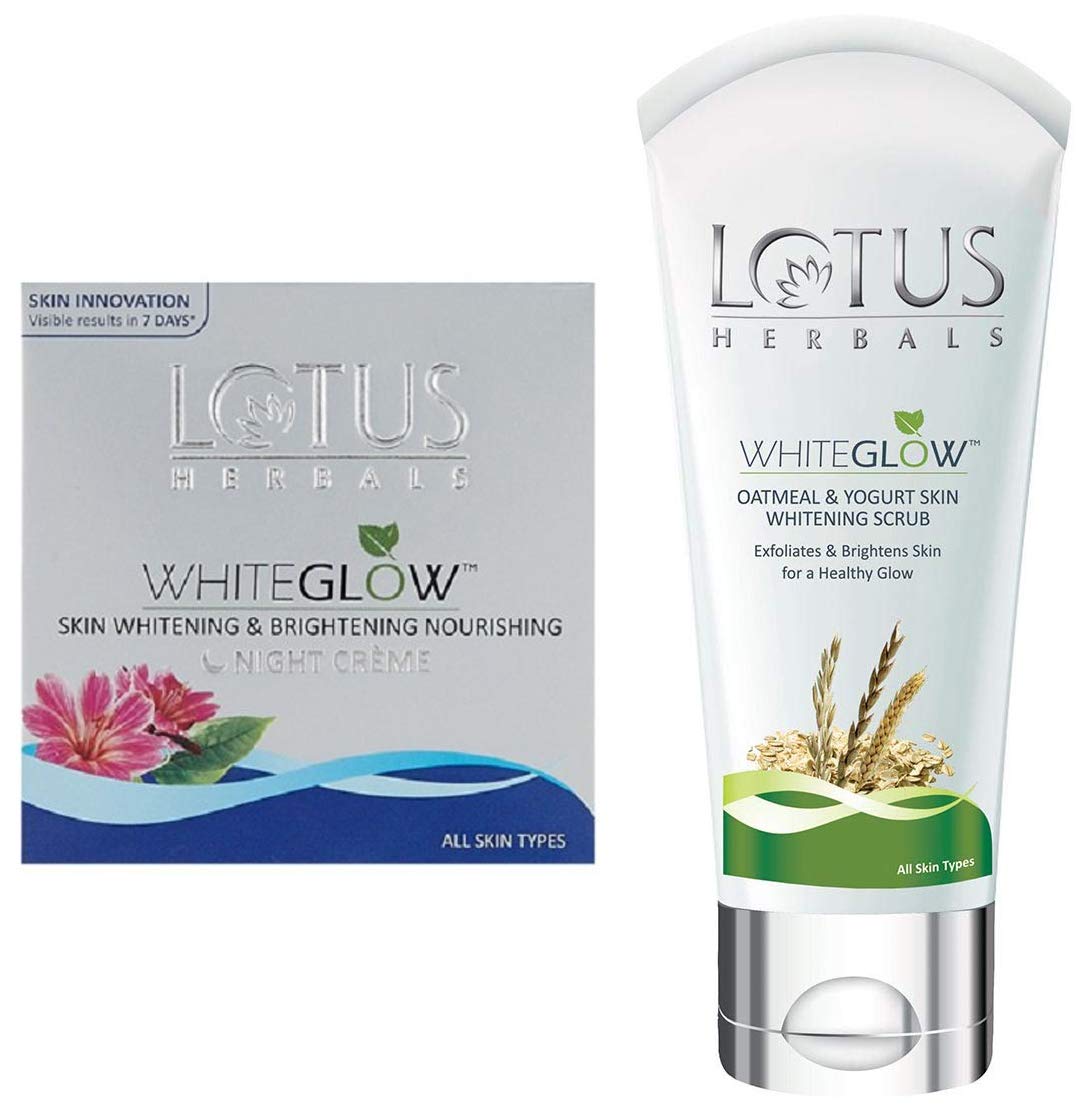 Lotus Herbals White Glow Skin Whitening And Brightening Nourishing Night Cream | 60G And White Glow Oatmeal And Yogurt Skin Whitening Scrub, 100G