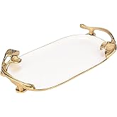 Cruiser’s Caché 15" Serving Tray, Rustic Gold with White Enamel, Handcrafted with Gold Leaf Handles