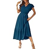 PRETTYGARDEN Women's Summer Floral Boho Maxi Dress Short Sleeve Wrap V Neck Ruffle Long Flowy Beach Wedding Guest Dresses