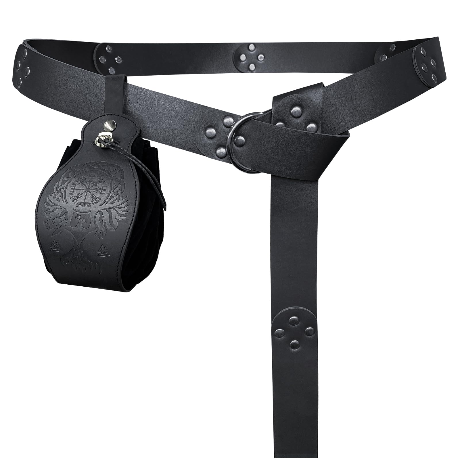 HiiFeuer Medieval Rivets Belt with Portable Phoenix Drawstring Pouch, Retro Renaissance Faux Leather Belt and Purse Set for LARP (Black A)