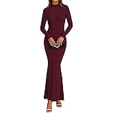 dowerme Spring Dresses for Women 2026 Formal Mock Neck Long Sleeve Ruched Knit Bodycon Mermaid Maxi Wedding Guest Dress