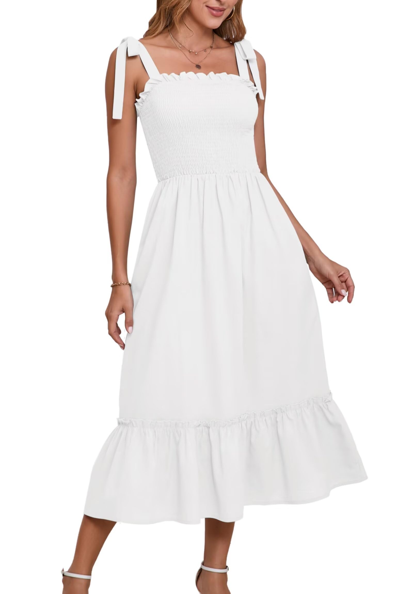 Photo 1 of Womens Square Neck Ruffle Maxi Dress 2025 Summer Boho Beach Cotton Linen A-Line Spaghetti Strap Long Dress for Vacation White