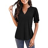 Imily Bela Womens V Neck T Shirts Casual Puff Sleeve Loose Dressy Blouses Summer Tops