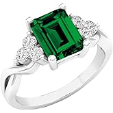 Dazzlingrock Collection 8X6 MM Emerald Cut Lab Created Gemstone & Round Natural Diamond Ladies Halo Engagement Ring, Sterling Silver