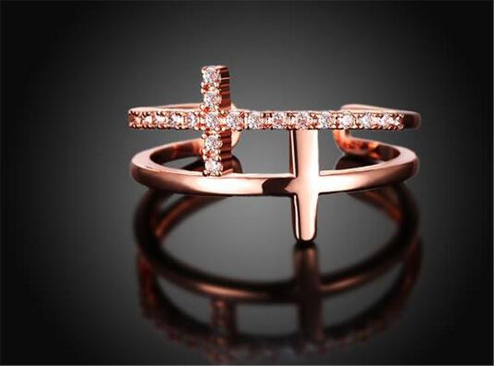 Boowhol Women's Adjustable Size Ring Rose Gold Plated Double Crucifix Zircon Open Ring-Valentine's Day/Ladies/Women - Image 5