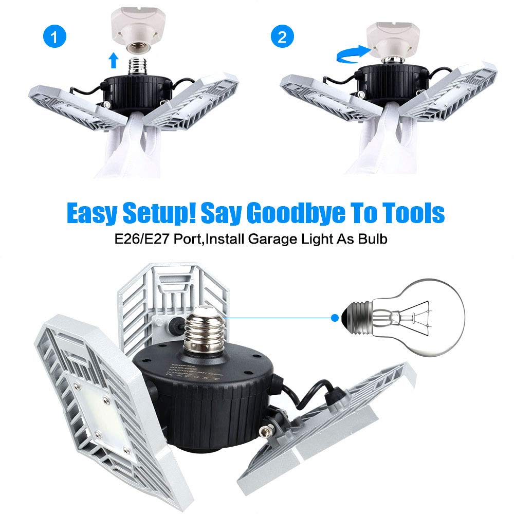 Garage Light 6000 Lm Deformable LED Garage Ceiling Lights 60W CRI 80 Led Shop Lights for Garage 3 Adjustable Panels Utility Led Garage Lighting (No Motion Activated) (60W Standard)