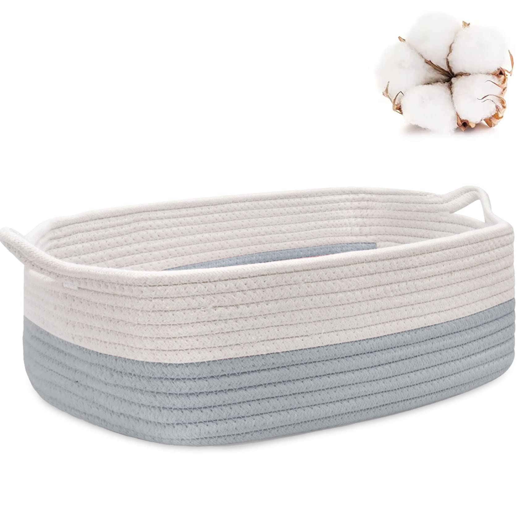 Photo 1 of ABenkle Small Storage Basket with Handles, Cotton Rope Woven Dog Cat Toy Bin, Decorative Shelves Closet Organizing for Nursery Laundry Bedroom Bathroom, 14.2''x 11''x 5.1''