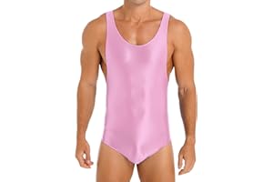 Hedmy Men's Shiny Glossy One Piece Swimsuit High Cut Thongs Leotard Bodysuit Mankini Bathing Suit