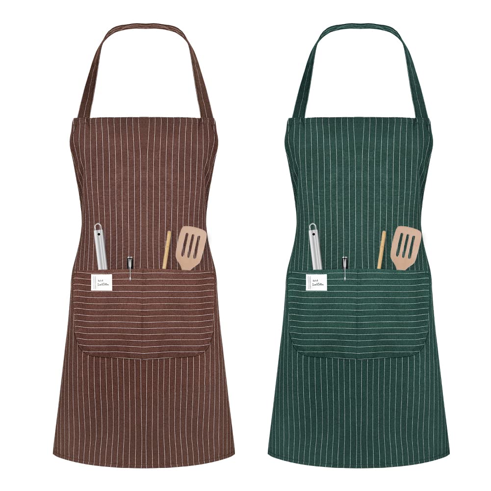 Vicloon Unisex Adjustable Bib Apron, 2 Pcs Apron with 2 Pockets Cooking Kitchen Chef Aprons, Women Men Aprons for Home Kitchen, Restaurant, Coffee house (Brown/Green)