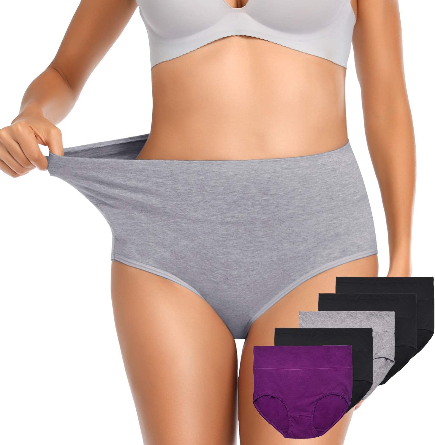 OUENZ Women's Cotton Underwear,5 Pack Seamless Breathable Solid Comfortable High Waist Soft Briefs Panties for Women (Multicoloured3, Large)