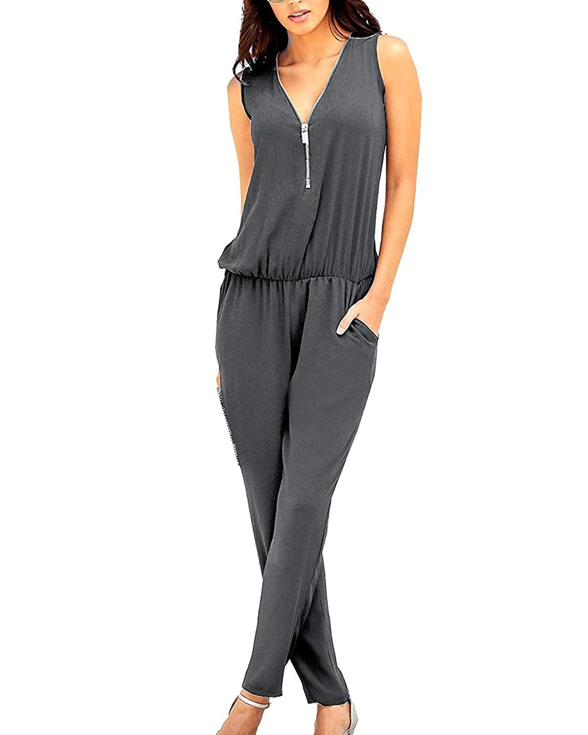 FIRE NGOLI Women\'s Casual Zipper Front Sleeveless Short Jumpsuit Long Pants Rompers Grey M