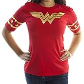 Wonder Woman Gold Foil Striped Sleeves Red Juniors T-Shirt Tee (3X-Large, Red)