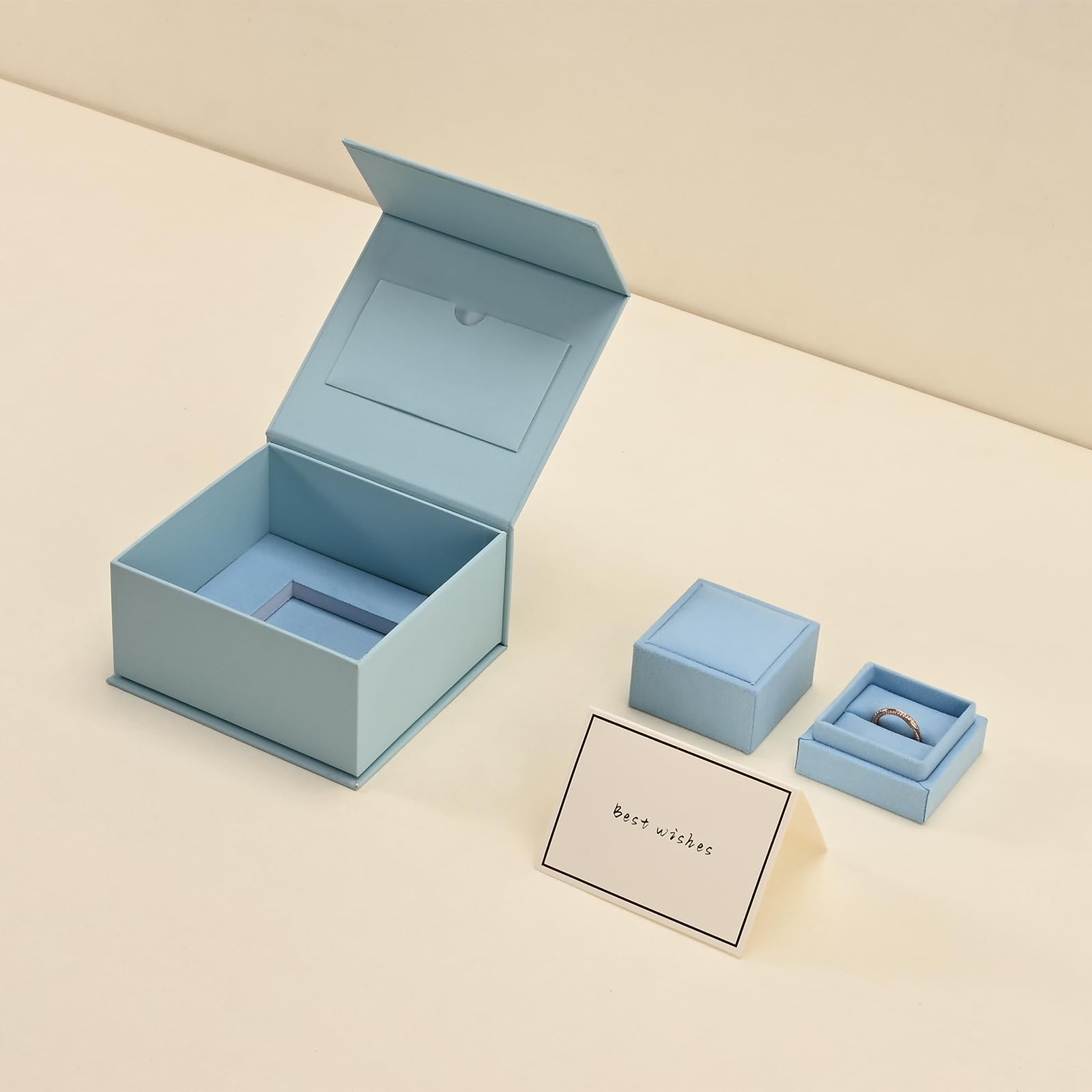 Oirlv Ring Gift Box with Lid Magnetic Boxes for Wedding Proposal Gift Birthday Present with Card(Blue)