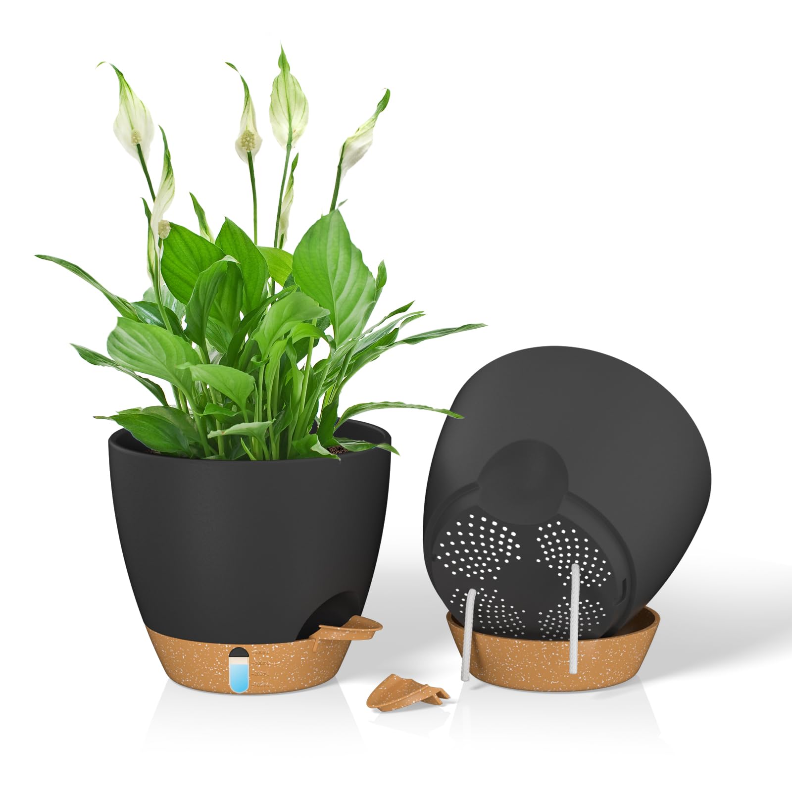 ZMTECH 20 cm Plant Pots with Drainage Holes Saucer Self Watering Planters with Watering Inlet Plastic Flower Pot for Indoor Outdoor Plants (Set of 2, Black)
