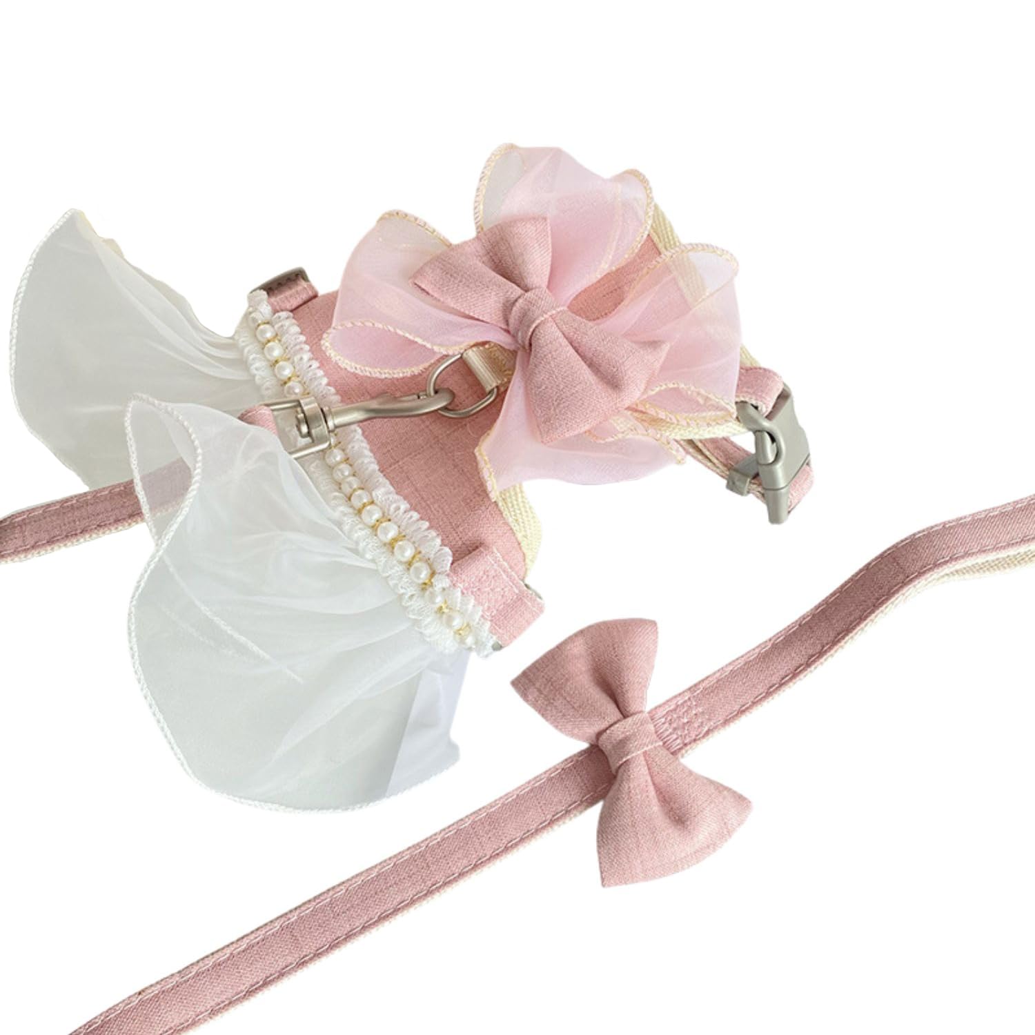 MeiAOBest Dog Harness Skirt with Leash,Sweet Dog Dress Harness with Bow-Tie Pearls,Soft Tutu Vest Pet Clothes for Cats Puppy Small Dogs_S(Pink)