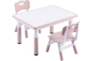 DOREROOM Kids Table and 2 Chairs Set, Height-Adjustable Toddler Table and Chair Set with Graffiti Desktop, 31.5''L x 23.6''W Children Activity Table for Daycare, Classroom, Home