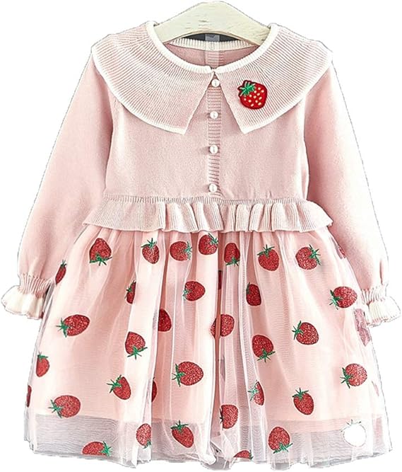 Amazon もうほうきょう ベビー服 ニットワンピース ドレス 子供用 カジュアル 長袖 チュールドレス いちご柄 ふわふわ 女の子 幼児 可愛い 春秋 おしゃれ 90cm 130cm ワンピース チュニック 通販