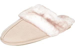 Jessica Simpson Women's Comfy Faux Fur House Slipper Scuff Memory Foam Slip on Anti-Skid Sole