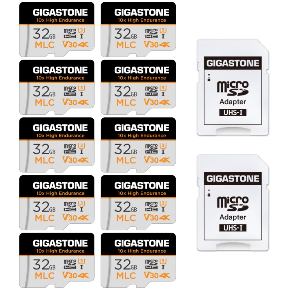 [10x High Endurance] GIGASTONE Industrial 32GB 10-Pack MLC Micro SD Card, 4K Video Recording, Security Cam, Dash Cam, Surveillance Compatible 95MB/s, U3 C10, with Adapter [5-Yrs Free Data Recovery]