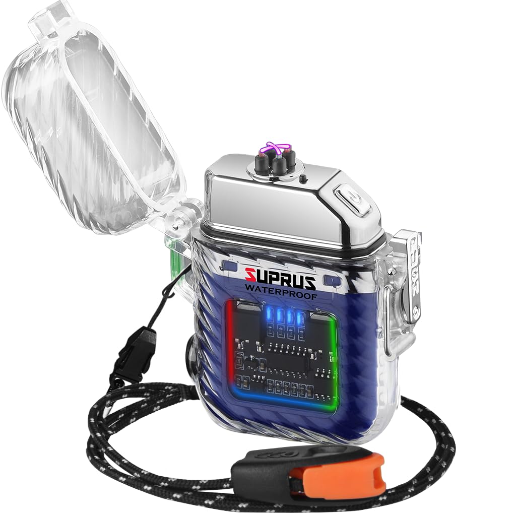 SUPRUS Luminous Lighter 3 Modes of Flashlight Windproof Waterproof Electric Lighters Rechargeable Dual Arc Plasma Lighter with Survival Emergency Whistle and Lanyard