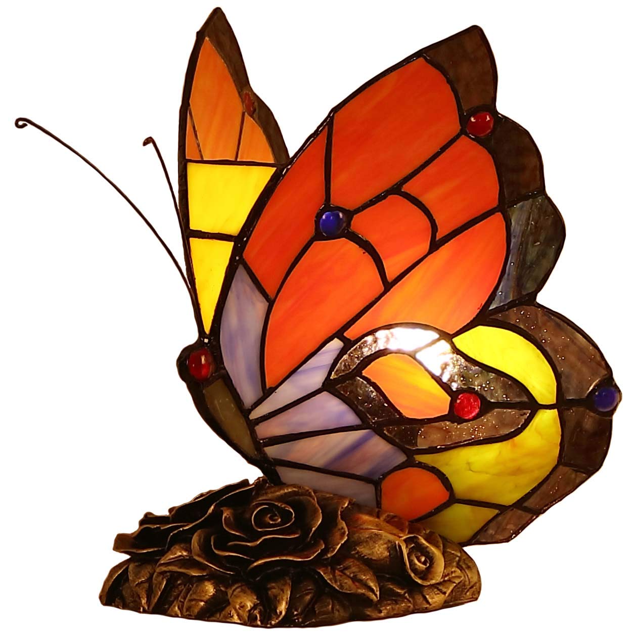 Bieye L30038 Butterfly Tiffany Style Stained Glass Accent Table Lamp Night Light for Bedside Bedroom Living Room Coffee Table (Red 1, 8 inches Wide * 9 inches high)