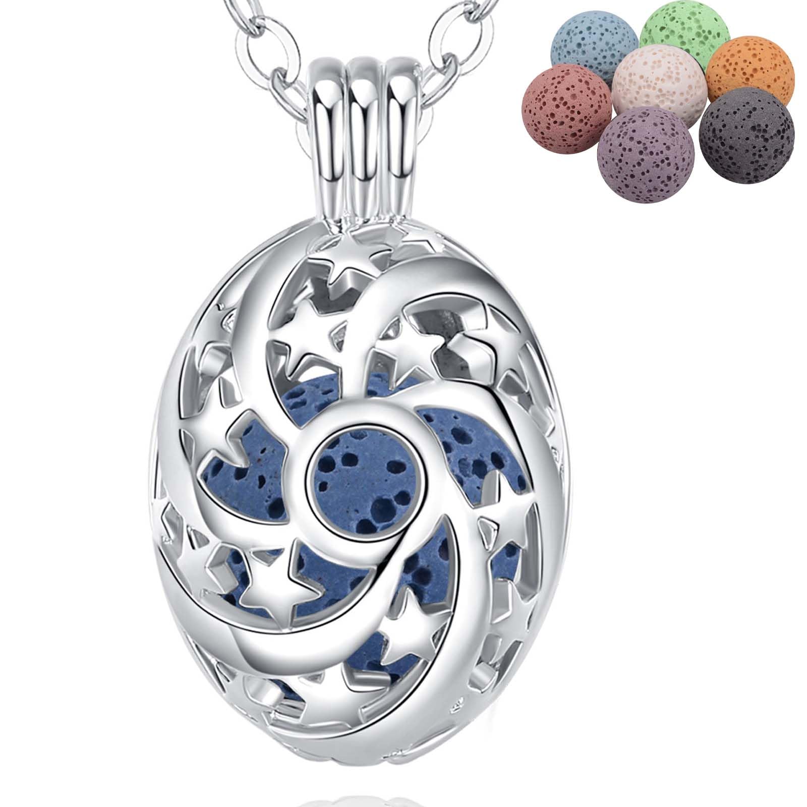 INFUSEU Aromatherapy Jewellery Essential Necklaces, Anxiety Relief Oils Diffuser for Women Girls Silver Plated Ellipse star Pendant with 24" Chain & 7 Reusable Lava Beads