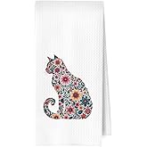 ERYBHKRTYH Boho Floral Cat Kitchen Towels, Cat Lovers Mom Lady Gifts Decorative Waffle Dish Towels, Flower Pet Kitten Hand Towel Tea Towel, 16x24 Inch