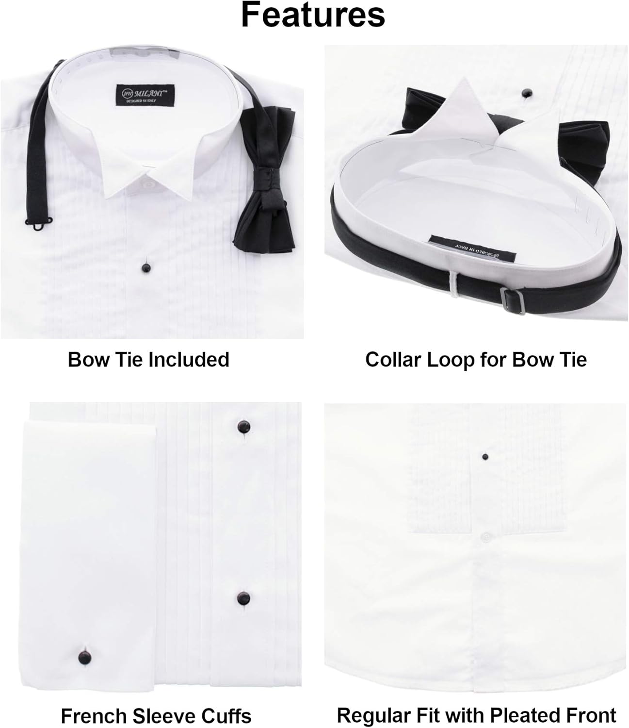 Milani Men's Tuxedo Shirt with French Cuffs and Bow Tie 15.5" Neck 34/35 Sleeve White at  Men’s Clothing store