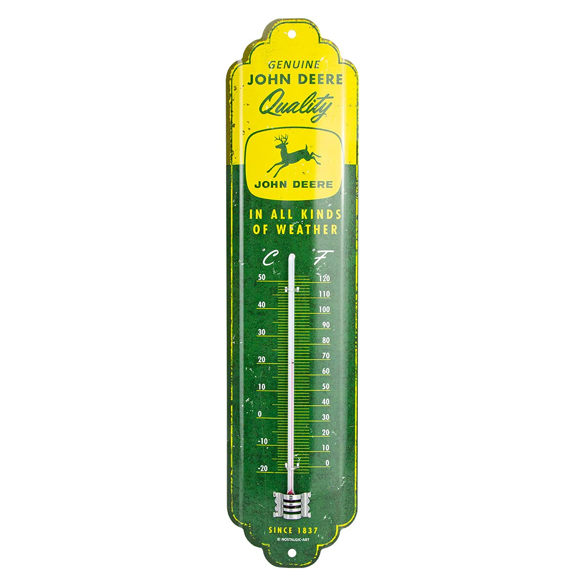 Nostalgic-Art Retro Thermometer 7 x 28 cm John Deere - In All Kinds of Weather - Gift Idea for Tractor Fans Original Licensed Product (OLP) Metal Vintage Design