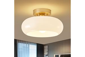 WOKNOS Mid-Century Modern Semi Flush Mount Ceiling Light, Kitchen Ceiling Light Fixture with Glass Shade, Vintage White and G