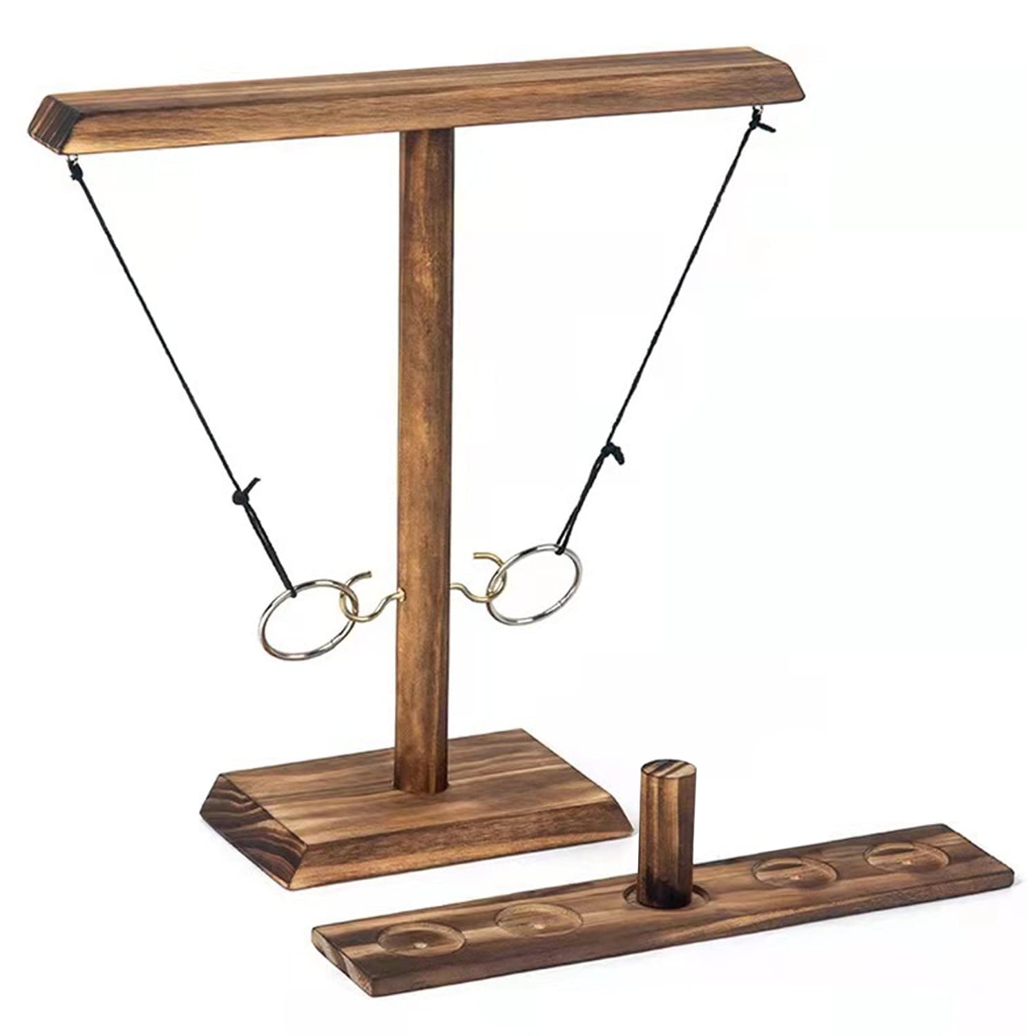 CAM2 Ring Toss Games Hook and Ring for Kids Adults (Brown, 25cm), Handheld Hook Toss Board Games with Shot Ladder, Outdoor Indoor Handmade Wooden Fast-paced Interactive Games for Home Party