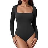 Laughido Women's Square Neck Long Sleeve Fitted Bodysuit Double Lined Fall Basic Trendy Tee Shirt Tops