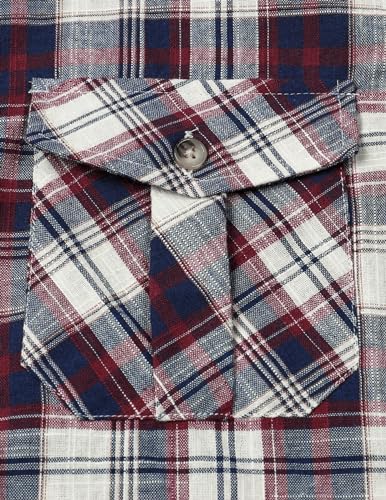 JOGAL MENS WESTERN COWBOY PLAID LINEN SHIRTS CASUAL BUTTON DOWN SHORT SLEEVE LIGHTWEIGHT REGULAR FIT SHIRTS RED MEDIUM