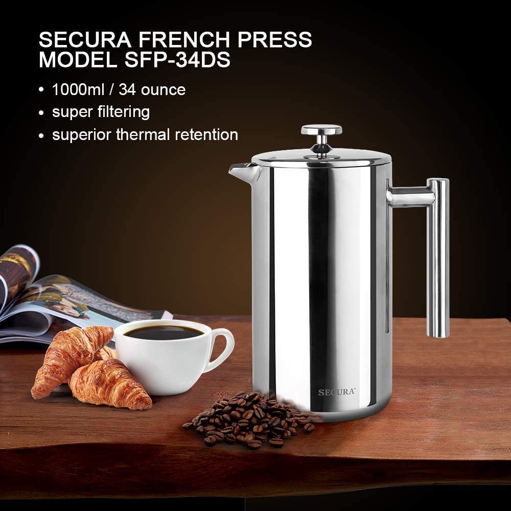 Secura Stainless Steel French Press Coffee Maker 18/10 Bonus Stainless Steel Screen (1000ML) by Secura