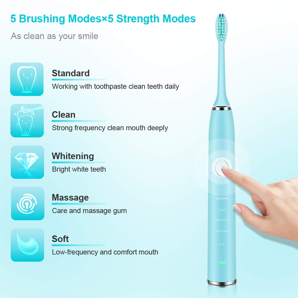 Sonic Toothbrush, IPX8 Waterproof Electric Toothbrush, Low Noise 5Modes 5 Hours Charge for 100Days Use Rechargeable Sonicare with 2 Replacement Heads for Teenager Adult
