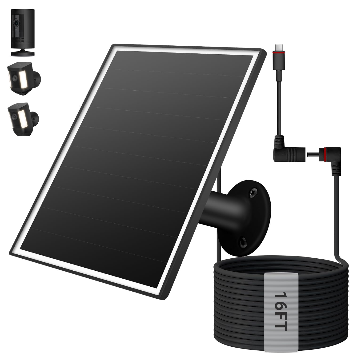 Photo 1 of VERVERAY 6W Solar Panel for Ring Camera Outdoor Wireless, Fast Charging Solar Charger with USB-C & 3.5mm Plug for Ring Stick Up & Spotlight Cam Series, Waterproof, 16ft Cable (Black)