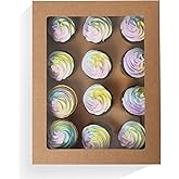 qiqee 12 Cupcake Boxes with Window 16 Packs Brown Cupcake Box 13"x10"x3.5" Bakery Boxes for Cupcakes 12 Cupcake Carrier, Cupc