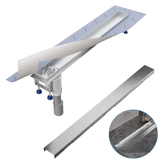 Komplett-SET - Duschrinne 80 cm AQUABAD® SDS Pro aus Edelstahl inkl. Haarsieb, Abgang seitlich senkrecht, Blende'BORD' und Gr