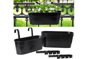 vensovo 16 Inch Railing Planter for Outdoor Plants - 5 Pack Large Metal Balcony Hanging Planters with Detachable Hooks and Drain Holes Oval Box Rail Pots for Home Garden Fence, Black
