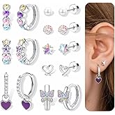 ORAZIO Hypoallergenic Earrings for Girls Women Surgical Stainless Steel Screw Back Earrings Set for Sensitive Ears Cute Toddler Kids Stud Hoop Flower Butterfly Flat Back Earrings Over 4 Years Old
