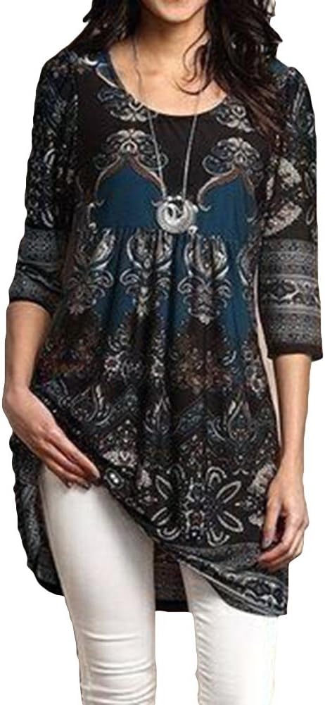 Juqilu Ladies Blouse Shirt Casual Loose Floral Printed Round Neck Oversize Jersey Tunic Womens Tops Dress S-5XL (XL, Green 7)