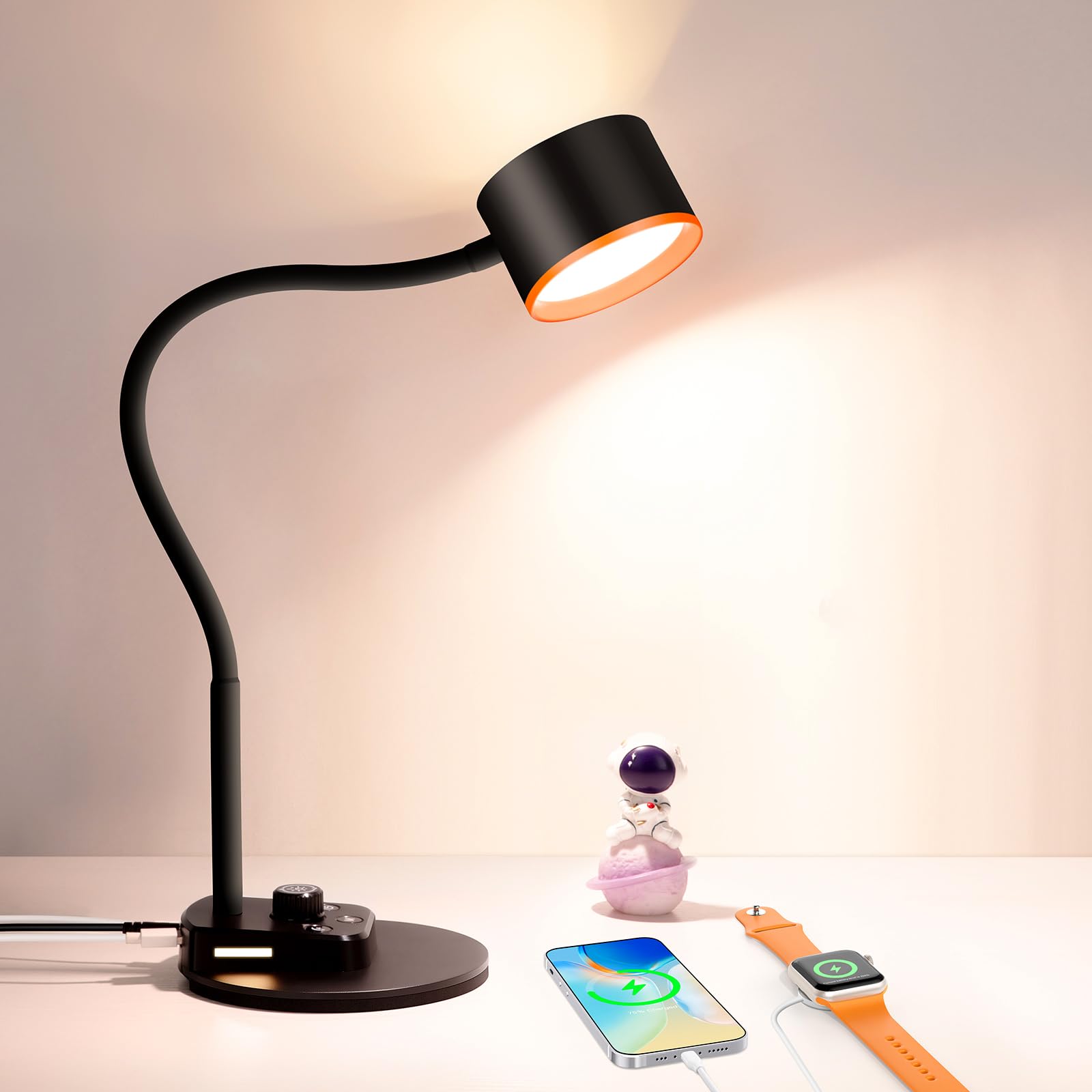 Photo 1 of LiFMIRA Desk Lamp, LED Desk Lamp with USB C + A Charging Ports, 5 Colors Fully Dimmable Eye Care Reading Lamp for Bedside Table Full Metal Efficient Gooseneck Table Lamp for Home Office Black