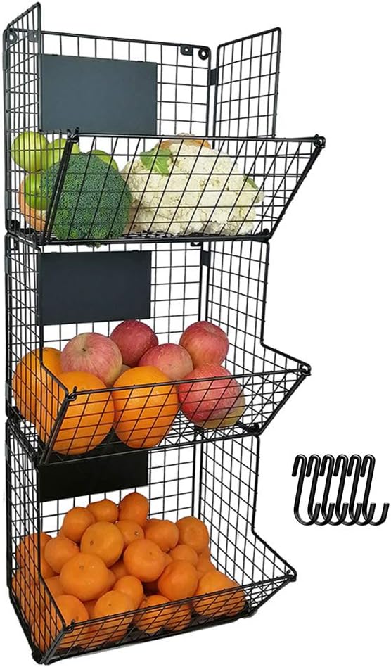 HLTOP Wall Mounted Collapsible Kitchen Storage Bins, 3 Tier Hanging Wire Fruit Basket with S-Hooks and Adjustable Chalkboards, Multipurpose Veggies Organizer Stand, Produce Rack(Black)